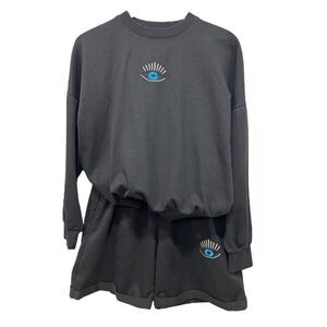 Coast Moda Evil Eye Embroidered Sweatshirt Shorts‎ Set Size L Black